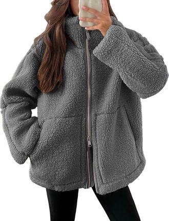 Generic Ladies Fleece Jackets Teddy Fleece Jacket Full Zip Stand Collar Fuzzy Sherpa Sweatshirts Plush Thick Winter Warm Coats Ladies Solid Color Oversized Fl