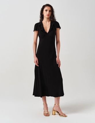 Ghost London Kimmy Frill Neck Crepe Midi Dress in Black at Nordstrom, Size 16