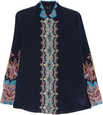 Etro Dark Blue Placed Print Silk Shirt