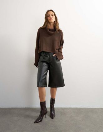 Topshop maglione corto a mantella in lana color cioccolato-Grigio