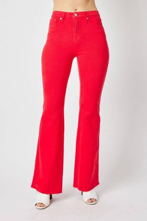 Judy Blue Waist Tummy Control Garment Flare Denim Jeans In Dyed Red