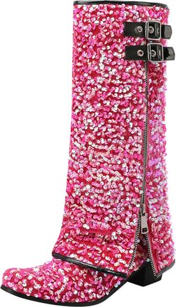 Generic Winter Women Mid Calf Boots Fashionable Pattern Sequins Autumn Winter Footwear Cool Zipper Design Low Heel Height Comfortable Daily Wear (Red, 4. 5)