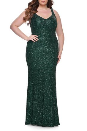 La Femme Fitted Stretch Sequin Plus Size Dress with V-Neck in Emerald at Nordstrom, Size 22W