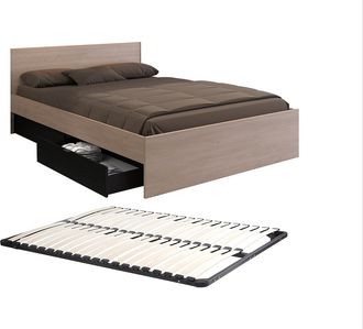 Vente-Unique Cama con 2 cajones 160 x 200 cm - Natural y negro + somier - VELONA