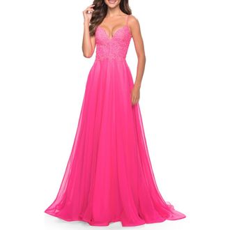 La Femme A-line Gown with Sheer Floral Embellished Bodice in Neon Pink at Nordstrom, Size 10