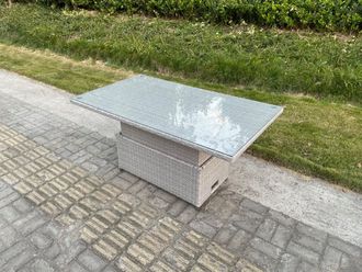 Fimous Rattan Garden Furniture Adjustable Rising Dining Coffee Table In Light Grey Mixed With Clear Tempered Glass Semi Assembled