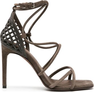 Brunello Cucinelli 110mm Monili-embellished suede sandals - women - Calf Leather/Rubber/Calf Suede/Calf Suede - 37 1/2 - Brown