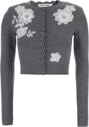 Self Portrait Gebreide Cardigan met kanten kraag - Dames - Vesten - Grijs - M - Wol - Truien & Vesten
