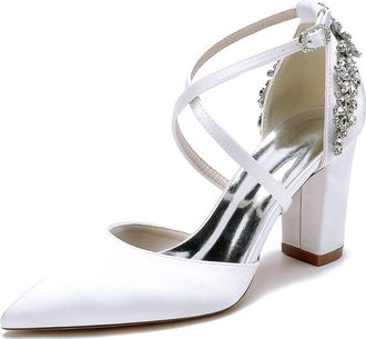 Generic High Block Heel Wedding Satin Chunky Heel Bride Cross Strap Women High Heels Pointed Toe Bridal Shoes 8.5Cm,White,7 UK