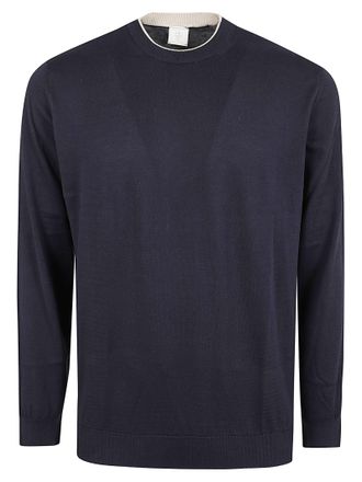 Eleventy Minimal Blue Cotton Crew Neck Sweater with Contrasting Trim
