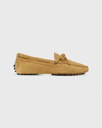 Ann Mashburn Womens Shearling Driving Moccasins In Camel Suede