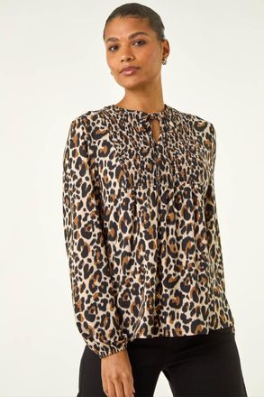 Roman Animal Print Shirred Tie Neck Top