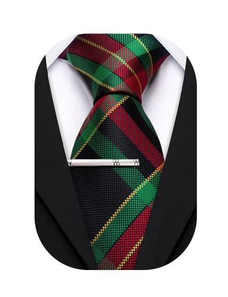 Barry.Wang Plaid Ties Mens Silk Necktie and Tie Clip Checkered Tie for Wedding Party Business Formal, Black Green Red, One Size