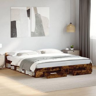vidaXL Cama Con Cajones Madera De Ingenier&iacute;a Roble Ahumado 200x200 Cm Vidaxl