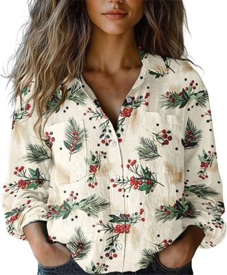 Generic Womens Casual Christmas Long Sleeve Button Down Shirt - Printed Holiday Patterns for Family Gatherings & Xmas Parties (UK, Alpha, L, Regular, Regular,