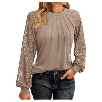 Generic Lace Tops for Women UK Loose Round Neck Elegant Shirts Womens Elegant Blouse Dressy Tunic Shirt Textured Semi-Sheer Sleeves Work Shirt (3-Khaki, M)