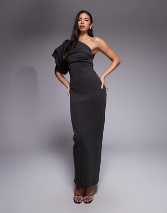 Asos Vestito lungo monospalla arricciato in tessuto scuba marrone