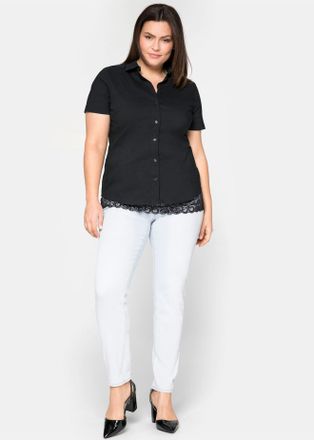 Sheego Hemdbluse SHEEGO, Damen, Gr. 46, schwarz, 70% Baumwolle, 27% Polyamid, 3% Elasthan, unifarben, Blusen Hemdbluse