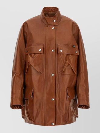 Prada leather caban coat front pockets long sleeves