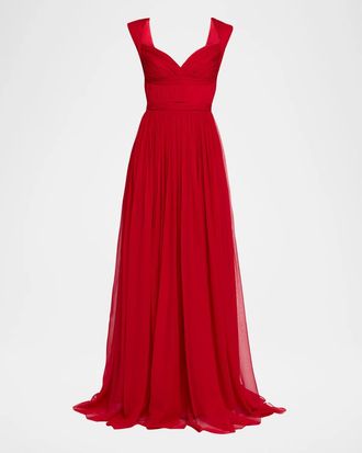 Pamella Roland Sleeveless Ruched Chiffon Cape Gown