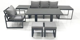 Fimous Fimous 6 Seater Garden Sofa Set Aluminium Furniture Rising Dining Tabe Set with Chair 2 Side Table 2 Small Footstools Dark Grey