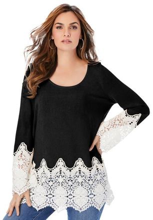 Roaman's Fine Gauge Lace Pullover Sweater in Black at Nordstrom, Size 32