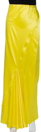 Roberto Cavalli Yellow Silk Satin Flared Maxi Skirt