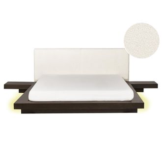 Beliani Cama Led Moderna Con Plataforma Mesitas De Noche Cabecero De Boucl&eacute; Madera De Fresno Oscuro 160 X 200 Cm Zen