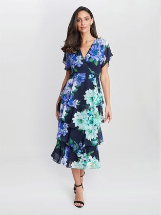 Gina Bacconi Womens Marie Midi Printed Tiered Dress - Navy - Size 16 UK