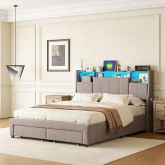 OEM Cama 140x190 Cm Pocketpop, Cama Capitonn&eacute;e, Cabecera De Lino, Cama Doble Con Somier De Lamas, Cama Para Adultos Para 2