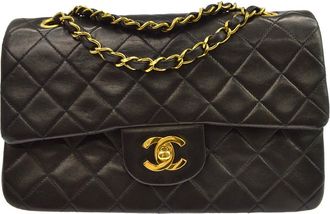 Chanel Classic Timeless Double Flap Quilted Lambskin Black Leather Handbag (Pre-Owned)