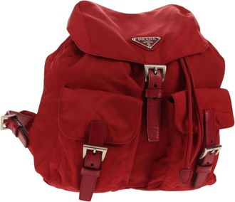 Prada Vela Double Front Pocket Backpack Tessuto With Saffiano Leather Red Nylon Backpack Bag (Pre-Owned)