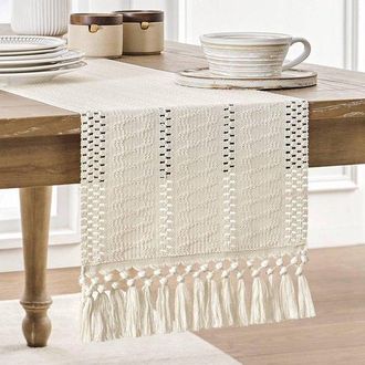 No Brand Camino De Mesa Estilo Bohemio Tejido A Mano, Color Marfil, 274 Cm De Largo, Decoraci&oacute;n Para El Hogar Estilo Casa De Campo, 30 X 274 Cm, Color Marfil