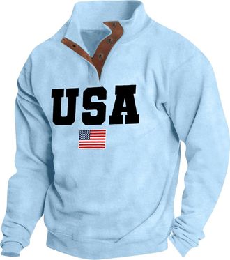 Generic Sweatshirt for Men | Usa Flag Print Pullover Sweatshirt | Male Vintage Hoodless Sweatshirt | Polo Neck Button Sweatshirt Loose Fit Workwear Top Casual