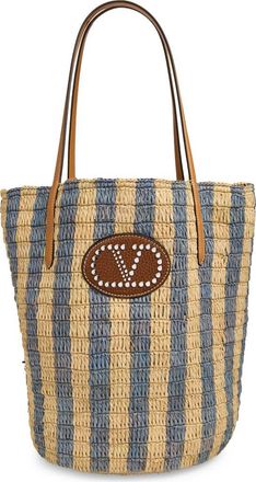 Valentino Garavani VLOGO Signature Crochet Raffia Tote in Natural/Blue at Nordstrom