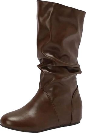 Generic Womens Fashion Mid Calf Booties Round Toe High Height Increasing Heel Slip On With Pleated Shaft Design