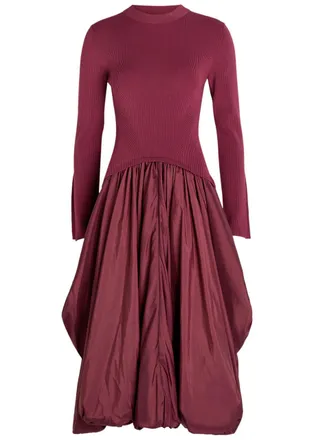 SIMKHAI Kenlie Gathered Knit and Taffeta Midi Dress - Dark Red - XS (UK6 / XS)