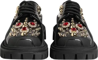 Dolce & Gabbana Black Leather Jeweled Crystals Derby Womens Shoes