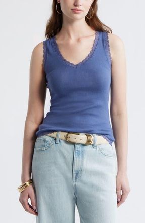 Treasure & Bond Pointelle Lace Trim Cotton Blend V-Neck Tank in Blue Indigo at Nordstrom, Size Xx-Large