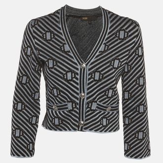Maje Blue/black Metallic Clover Jacquard Knit Cardigan