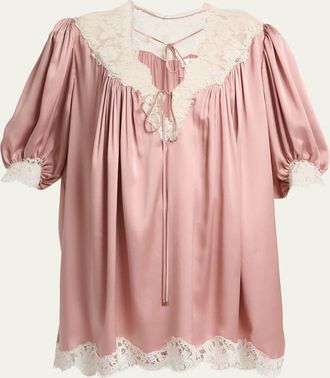 Chlo&eacute; Lace-Trim Short-Sleeve Satin Mini Dress