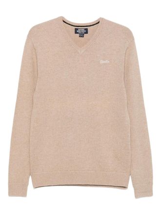 Superdry logo-embroidered V-neck jumper - men - Nylon/Wool/Cotton - S - Neutrals