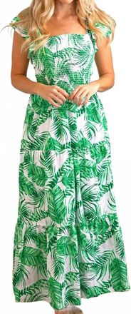 8 Oak Lane Botanical Smocked Flutter Sleeve Dress In Green/white