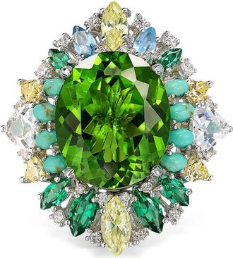 Anabela Chan Anello Poseidon in oro bianco e rodio vermeil 18 carati con pietre - Verde