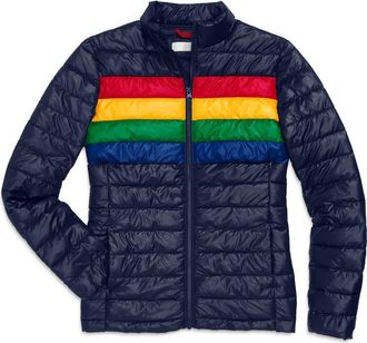 primary Grown-Ups Puffer Jacket In Stripe in Navy Bold Rainbow at Nordstrom, Size X-Small