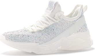 Belos Womens Fashion Rhinestone Mesh Knit Slip On Sneaker Breathable Glitter Walking Shoes, White Hologram, 7 UK
