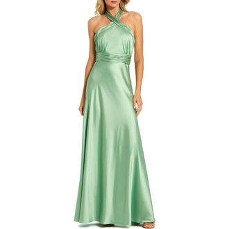 Mac Duggal Ruched Halter Neck Tie Back Satin Gown in Sage at Nordstrom, Size 12