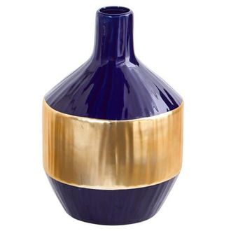 Nearly Natural 9-in Lux Blue Ceramic Vase with Gold Band at Nordstrom