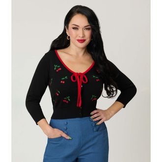Unique Vintage 1950s Crop Knit Cardigan in Black W/cherries at Nordstrom, Size X-Large