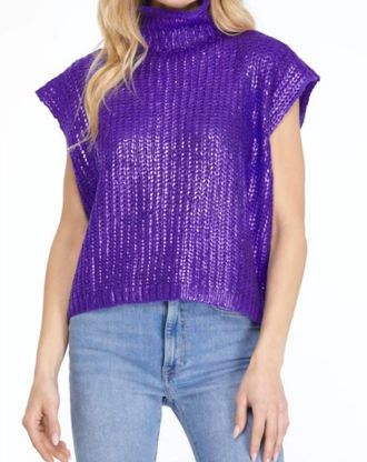 She + Sky Metallic Foil Sleeveless Turtleneck Sweater Top In Purple